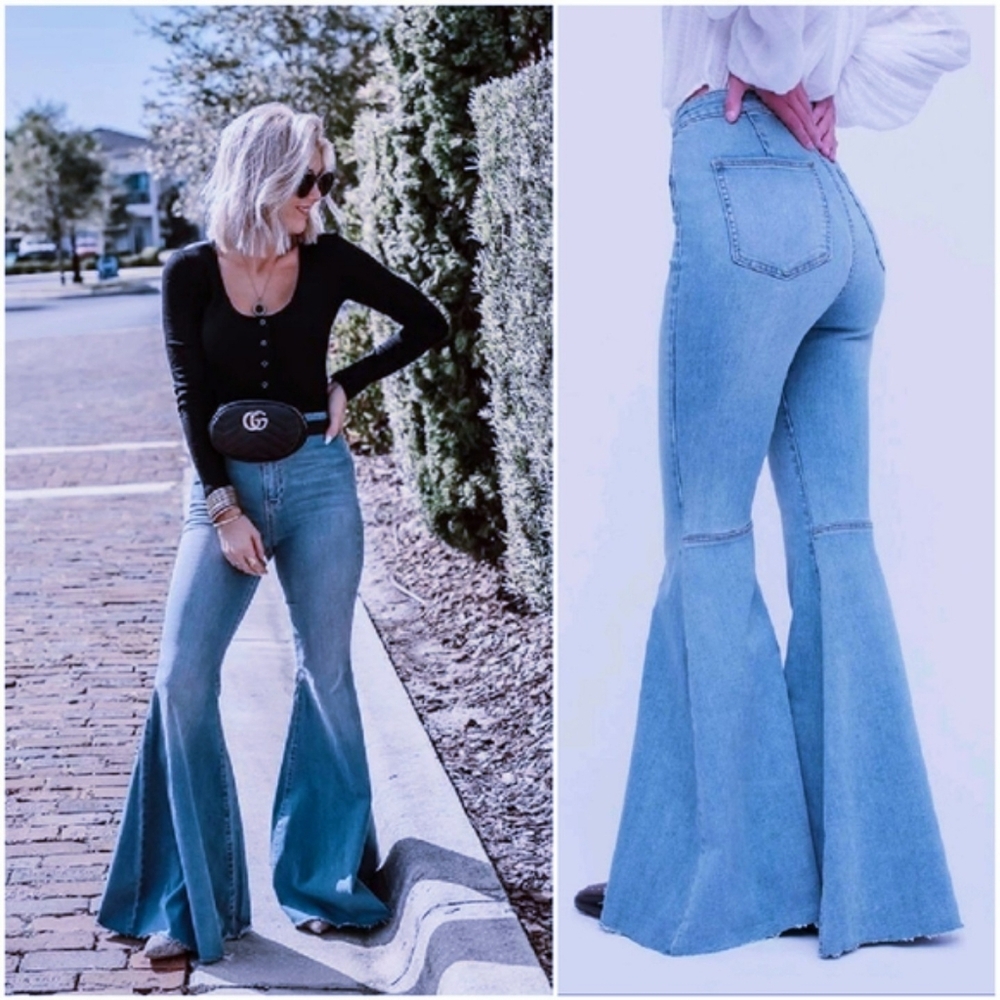 Free People Just Float On Flare High Waisted Jeans Blue Wash Ultra Bell Bottoms